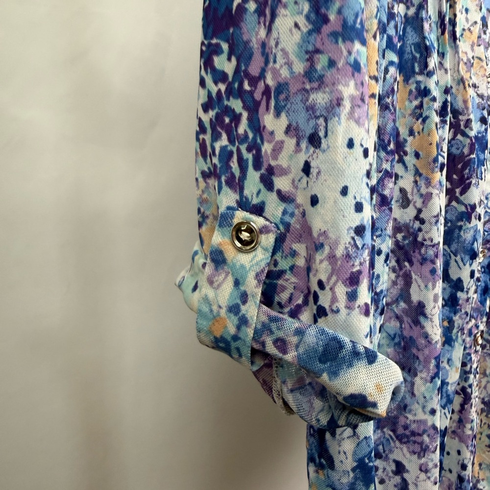 Per Seption Concept Blue Purple Floral Blouse 3/4 Sleeve Lightweight Top M - Picture 3 of 9